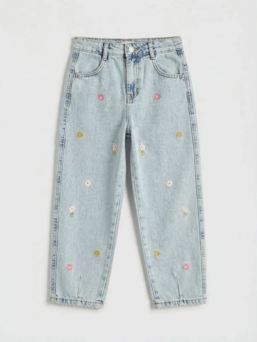 Mavi Balloon Fit Nakışlı Kız Çocuk Jean Pantolon