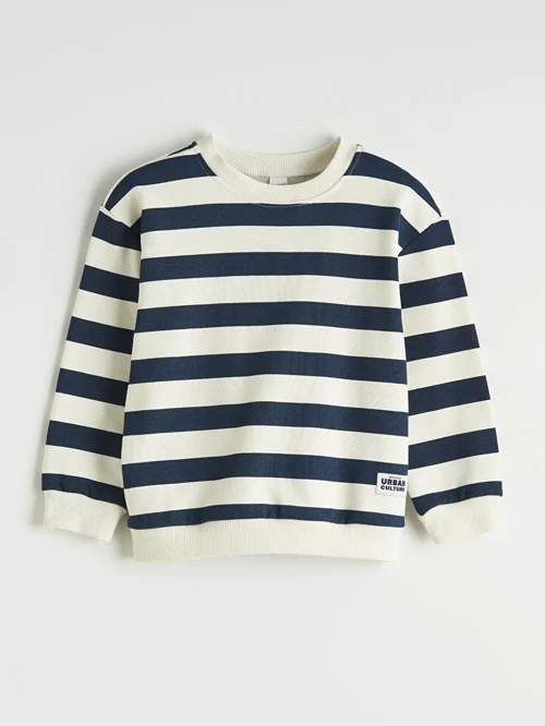 Gri Bisiklet Yaka Çizgili Erkek Çocuk Kalın Sweatshirt