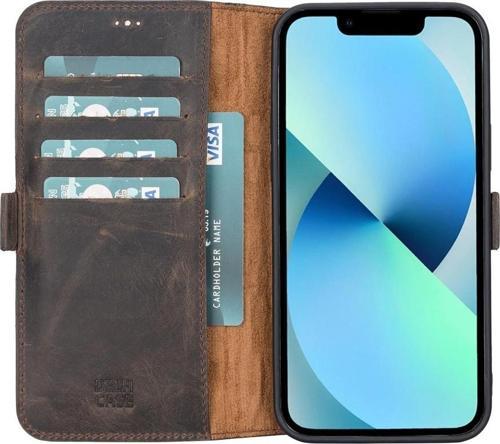 Apple iPhone 13 Pro Max Uyumlu Deri Cüzdanlı Kılıf Acı Kahve
