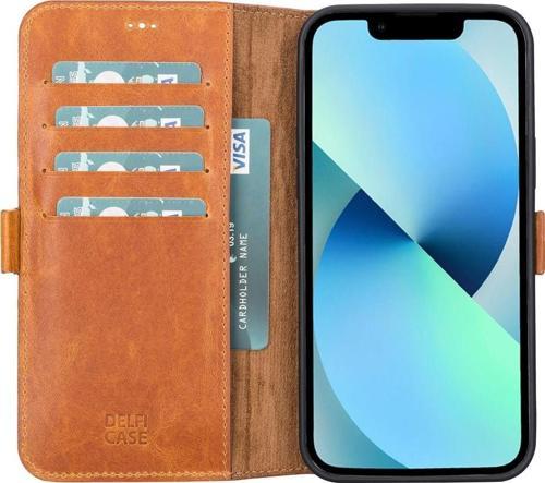 Apple iPhone 13 Pro Uyumlu Deri Cüzdanlı Kılıf Karamel