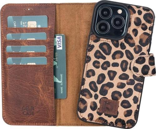 Apple iPhone 13 Pro Uyumlu Deri Cüzdanlı Kılıf Leopar Desen