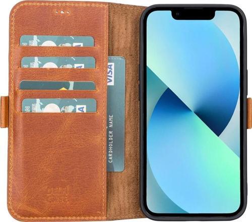 Apple iPhone 13 Uyumlu Deri Cüzdanlı Kılıf Antik Taba