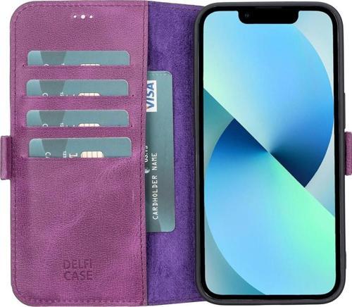 Apple iPhone 13 Uyumlu Deri Cüzdanlı Kılıf Rustik Mor