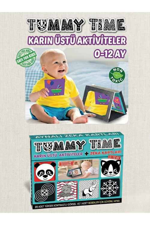 Tummy Time Aynalı Bebek Zeka Kartları (0-12 Ay) - Yüksek Kontrastlı Yenidoğan Gelişim Seti