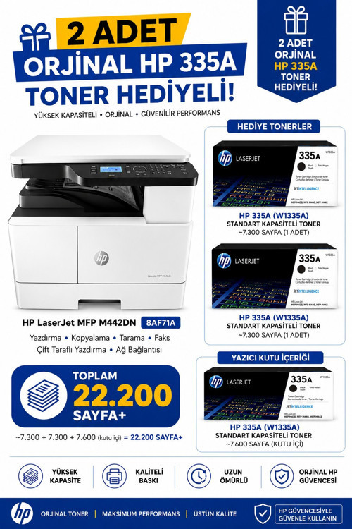 A3 LaserJet MFP M442DN 8AF71A Siyah Çok Fonksiyonlu Wi-Fi Lazer Yazıcı ATS2 (2 Adet Toner Hediyeli)