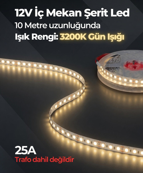 12V İç Mekan Şerit Led 10 Metre 3200K Gün Işığı Kesilebilir LED Şerit Trafo Hariç
