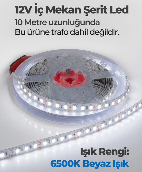 12V İç Mekan Şerit Led 10 Metre 6500K Beyaz Işık Kesilebilir LED Şerit Trafo Hariç