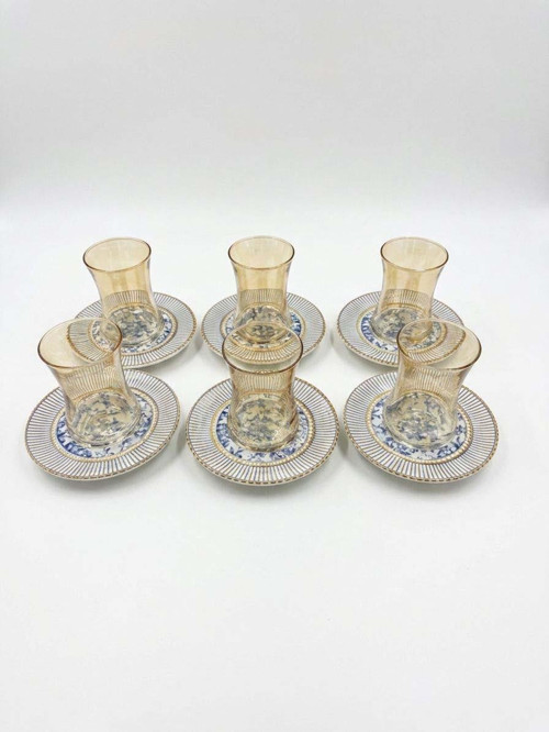 Çay Takımı 6 Kişilik Seramik Tabaklı Çay Bardağı + Çay Tabağı