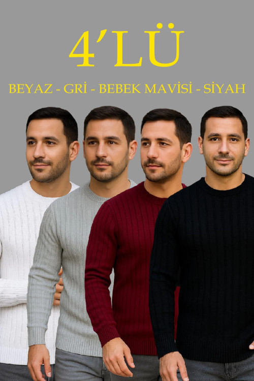 Erkek Fitilli Triko Kazak 4’lü Set Beyaz Bordo Gri Siyah Regular Fit Bisiklet Yaka Kazak Triko Kombini - S - Bordo - Siyah - Beyaz - Gri