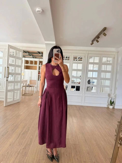 Kolsuz Uzun Kabardin Elbise - Bordo - L - Bordo