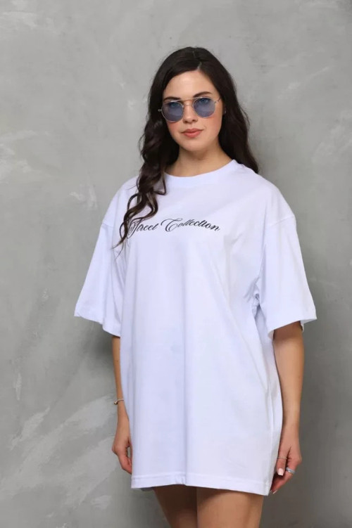 Unisex Bisiklet Yaka Baskılı Oversize T-Shirt - Beyaz - M - Beyaz