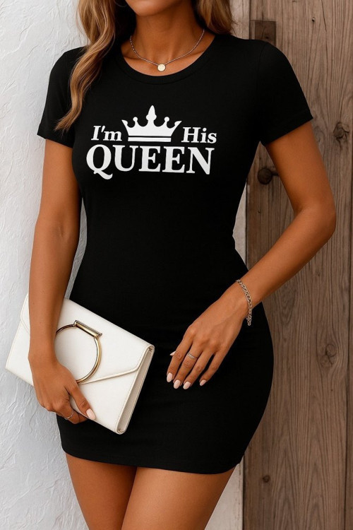 Kadın Kısa Kollu Queen Baskı Iki Iplik Mini Elbise - L-XL - Siyah