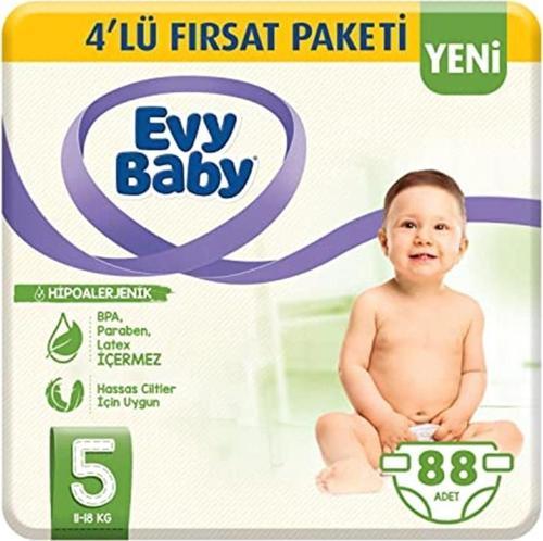 Bebek Bezi 5 Beden Junior (11-18 Kg) %100 Doğal Pamuk, 4'lü Fırsat Paketi, 88 Adet