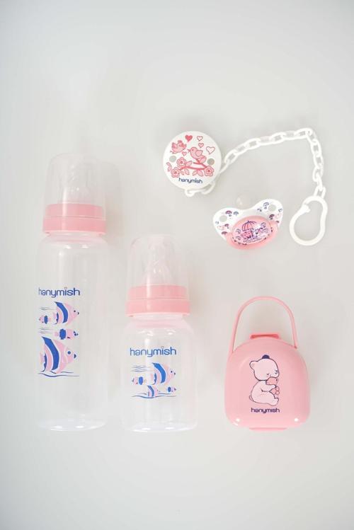 5'li Plastik Biberon Ve Emzik Seti - Yeni Doğan Hediye Seti Pembe