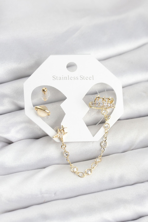 Pirinç Gold Renk Uzay Model Zincir Bağlantılı Ear Cuff Küpe Seti