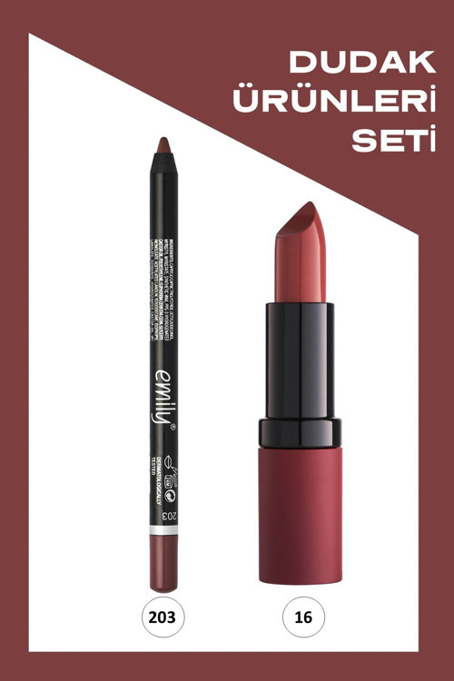 Velvet Matte Lipstick No: 16 Ve Emily No: 203 Ruj Ve Dudak Kalemi Seti