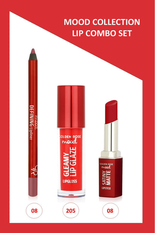 Mood Lip Combo Set - Dudak Kalemi No:08 - Matte Ruj No:08 - Dudak Parlatıcısı No:205