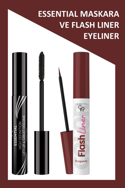 Essential Hacim Veren Maskara Siyah Ve Flash Liner Bordo Eyeliner Makyaj Seti