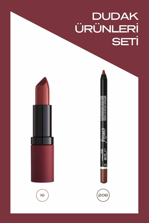 Velvet Matte Lipstick No: 16 Ve Emily No: 208 Ruj Ve Dudak Kalemi Seti