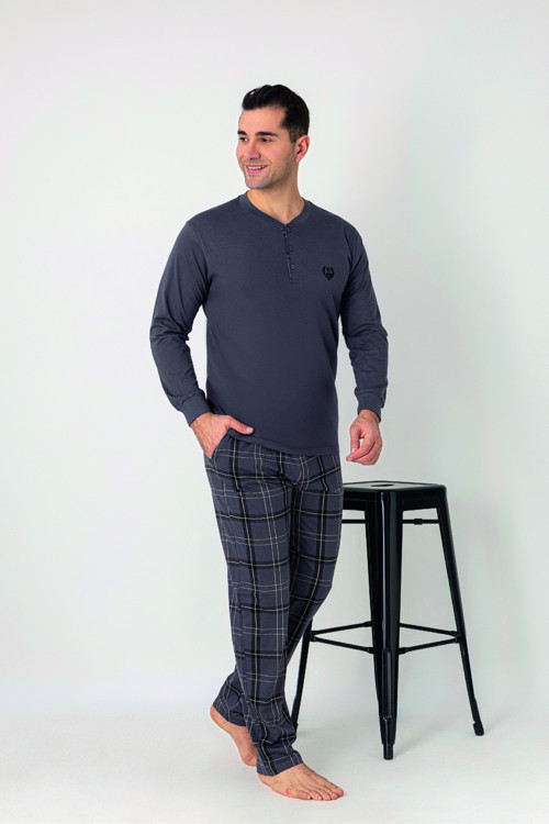 Erkek Kareli Alt Desenli Füme Uzun Kollu Patlı Penye Pijama Takımı