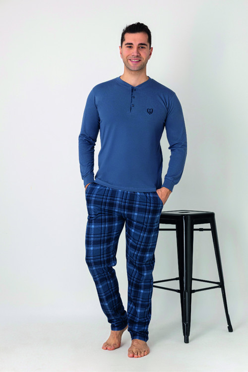 Erkek Kareli Alt Desenli Petrol Uzun Kollu Patlı Penye Pijama Takımı