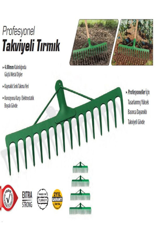 Yapı Takviyeli Tırmık Dişli Metal Bahçe Tırmığı Çim Toprak Taş Toplama Tırmığı 18 Diş