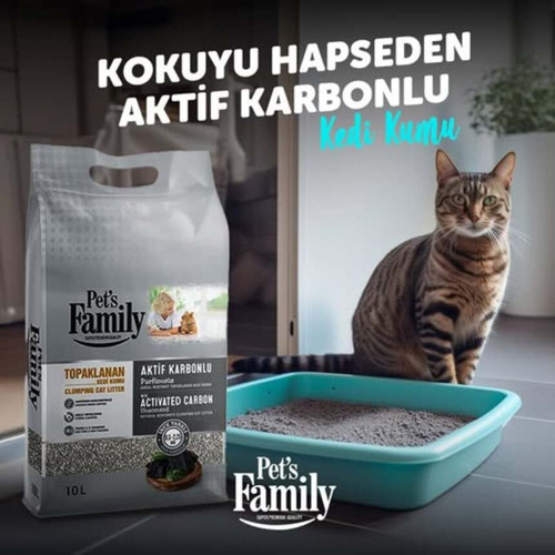 Pet's Family Aktif Karbonlu Parfümsüz Topaklanan Bentonit 10 Lt İnce Taneli Kedi Kumu