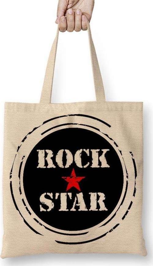 Rock Star Kırmızı Yıldız Bez Çanta Uzun Saplı