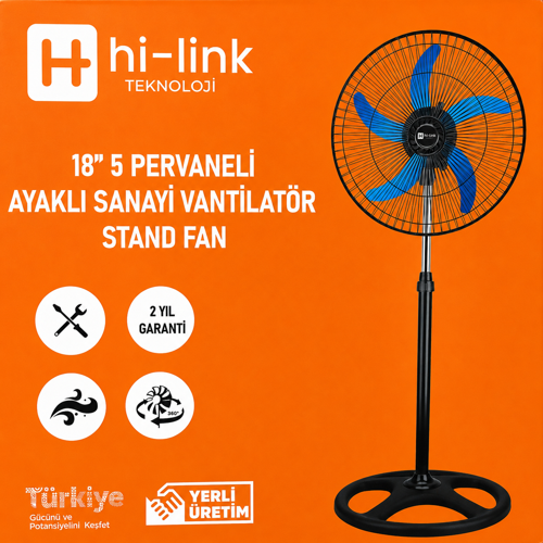Hi-Link 18 İnç Sanayi Tipi Vantilatör 5 Metal Kanatlı Ayaklı Fan 2 Yıl Garantili