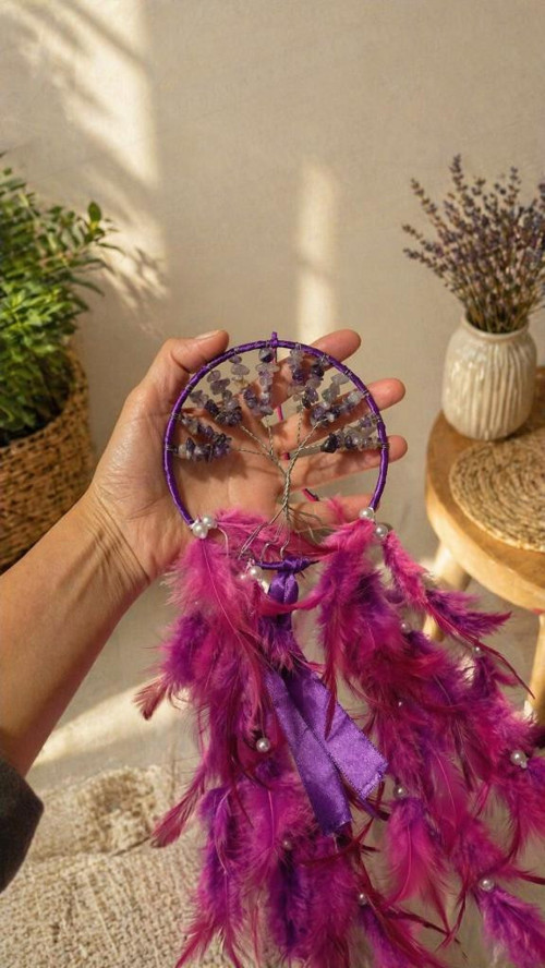 Ametist Doğal Taşlı İncili Rüya Kapanı (Dreamcatcher) 50 cm İncili Duvar Süsü