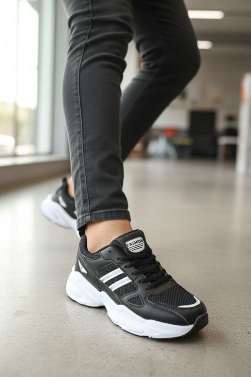 Kadın Siyah Klasik Şeritli ve Kalın Tabanlı Rahat Günlük Sneaker Spor Ayakkabı