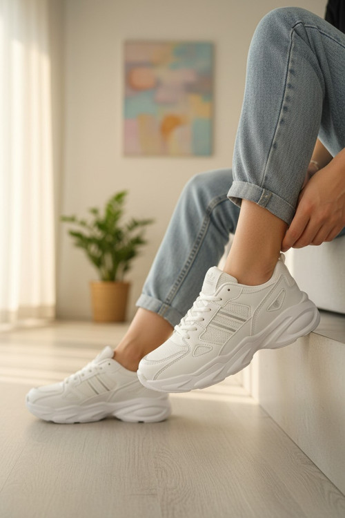Kadın Siyah Klasik Şeritli ve Kalın Tabanlı Rahat Günlük Sneaker Spor Ayakkabı
