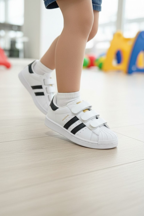 Çocuk Klasik Üç Bant Cırt Cırtlı Retro Günlük Sneaker Spor Ayakkabı
