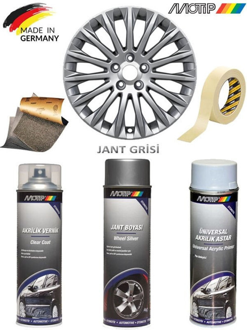 MOTİP Gümüş Gri Jant Boyama Rötuş Seti Akrilik Sprey Boya + Vernik + Astar 500 ML