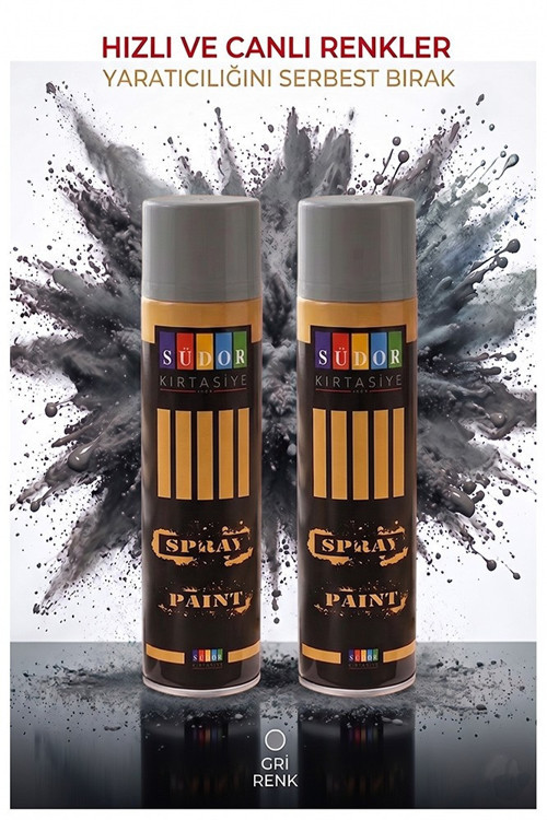 Gri Sprey Boya 200 ml 2 Adet Südor Hızlı Kuruyan Renkli Profesyonel Canlı Renk Ahşap Plastik Demir Metal Porselen Cam