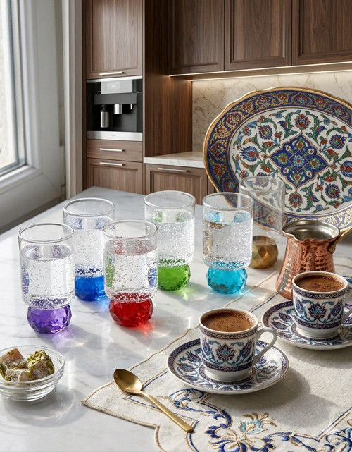 ROYKING Mix Diamond Color 6’lı Kahve Yanı Su Kadehi 100 ml Renkli Cam Bardak Seti Şeffaf Tasarım