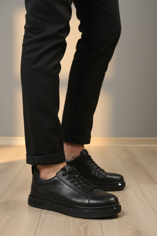 Erkek Lazer Kesim Delikli ve Pürüzsüz Deri Dokulu Kalın Tabanlı Bağcıklı Günlük Spor Ayakkabı Sneaker