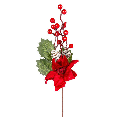 Yılbaşı Çiçeği Pike Berry Puansetyalı Karlı Kozalaklı Kırmızı Yeşil 30 Cm.