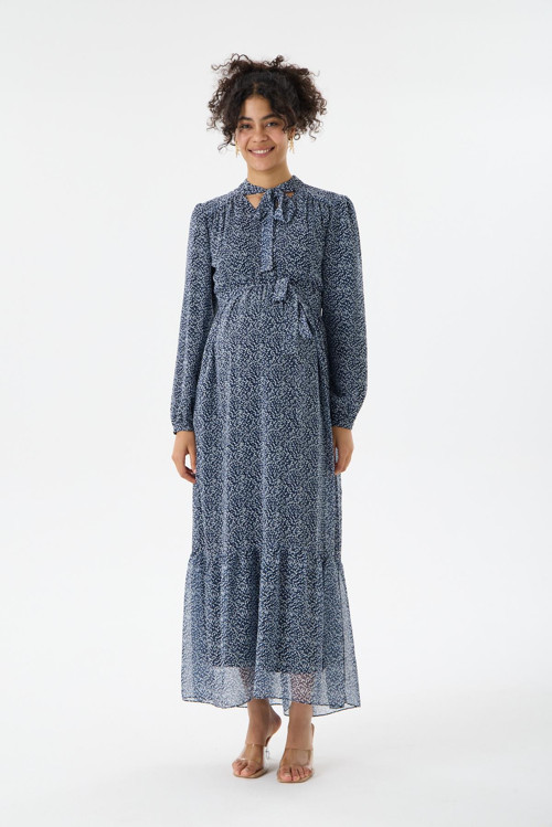 M0015-Yaka Bağlamalı Çiçek Desen Maxi Hamile Elbise