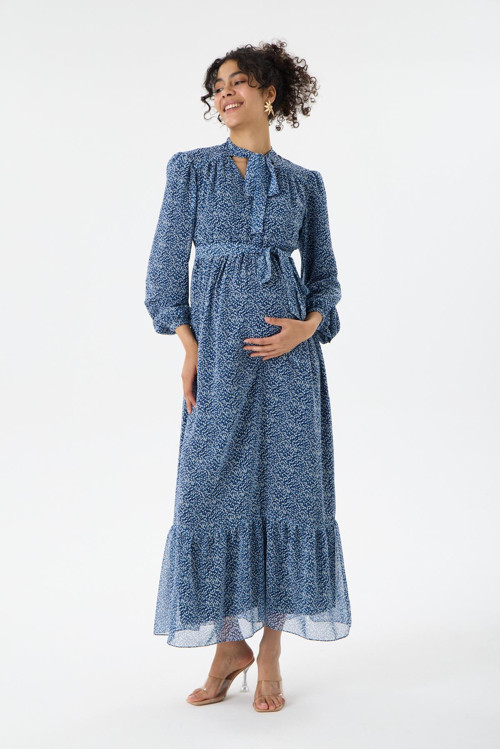 M0015-Yaka Bağlamalı Çiçek Desen Maxi Hamile Elbise