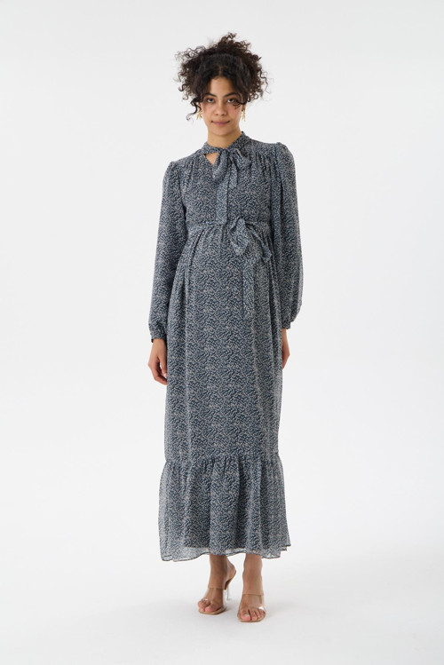 M0015-Yaka Bağlamalı Çiçek Desen Maxi Hamile Elbise
