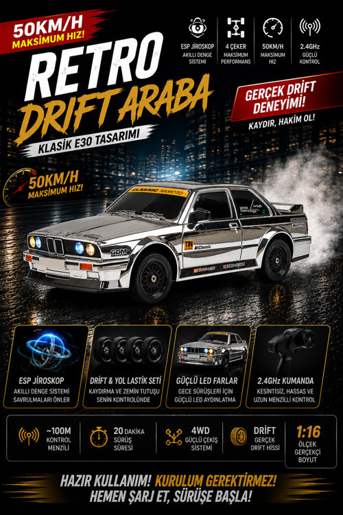 1/16 4WD 50 KM Hızlı E30 RC Drift Uzaktan Kumandalı Yedek Lastikli Oyuncak Drift Araba Gri