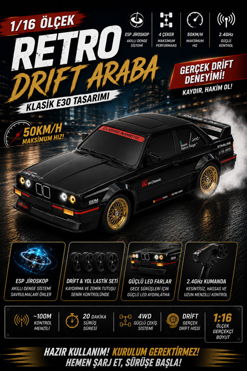 1/16 4WD 50 KM Hızlı E30 RC Drift Uzaktan Kumandalı Yedek Lastikli Oyuncak Drift Araba Siyah