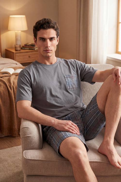 Kareli Pamuklu Regular Fit Şortlu Erkek Pijama Takımı 6572021 FÜME