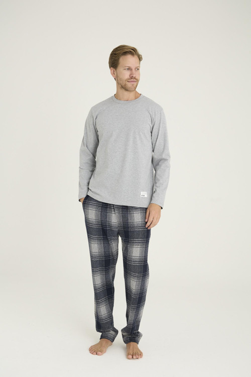 PremiumSeri Erkek %100 Pamuklu Rahat Kalıp 0 Yaka Ekose Desenli Uzun Kollu Pijama Takım
