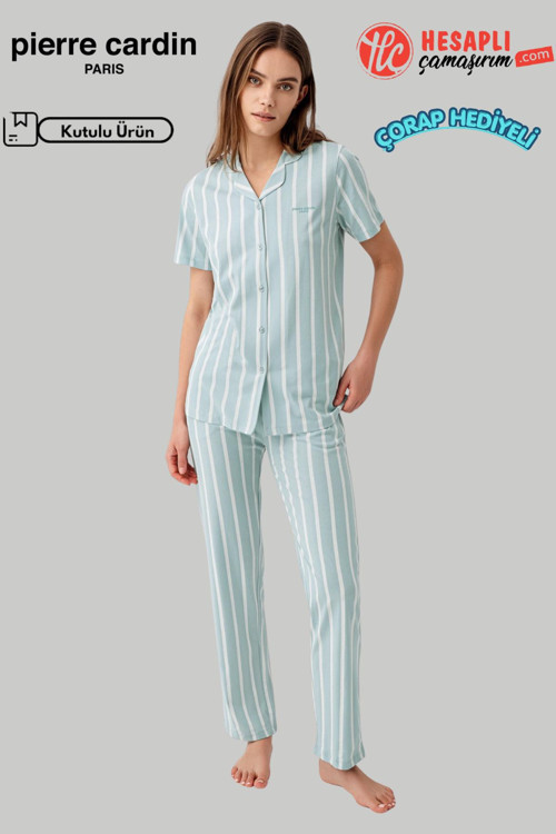 Paris Premium Kadın Modal Pamuklu Çizgili Önden Düğmeli Kısa Kollu Pijama Takım