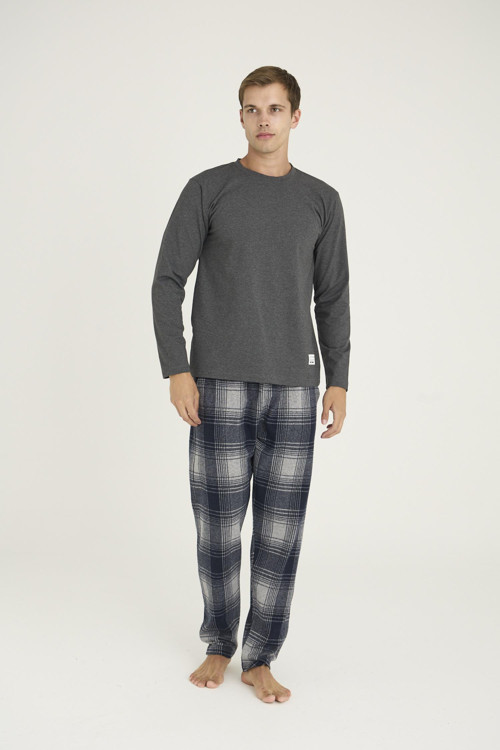PremiumSeri Erkek %100 Pamuklu Rahat Kalıp 0 Yaka Ekose Desenli Uzun Kollu Pijama Takım