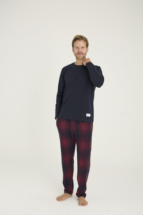 PremiumSeri Erkek %100 Pamuklu Rahat Kalıp 0 Yaka Ekose Desenli Uzun Kollu Pijama Takım