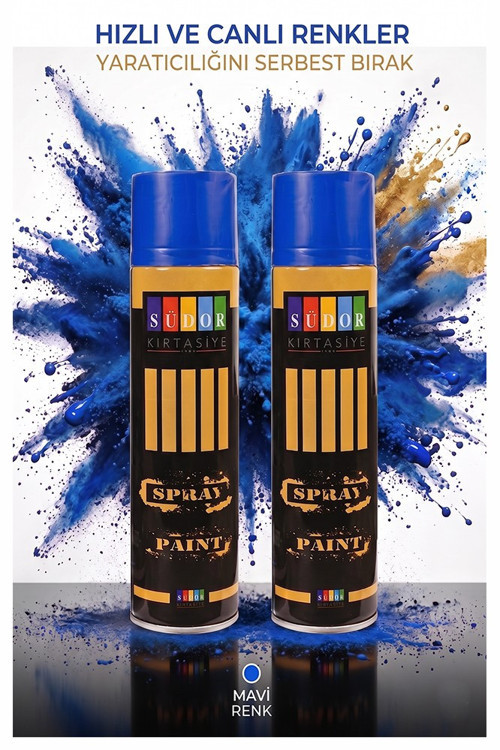 Mavi Sprey Boya 200 ml 2 Adet Südor Hızlı Kuruyan Renkli Profesyonel Canlı Renk Ahşap Plastik Demir Metal Porselen Cam