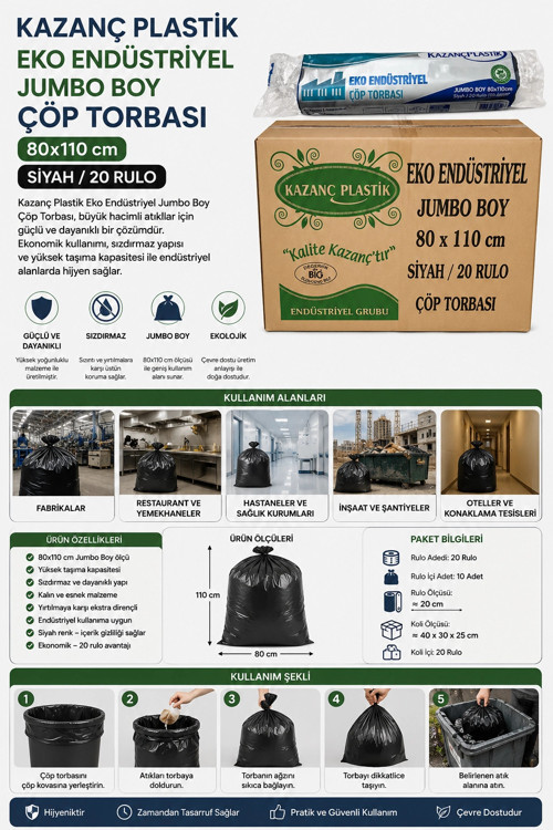 Eko End. Jumbo Boy 80x110 10'lu 20 Rulo Çöp Torbası Siyah
